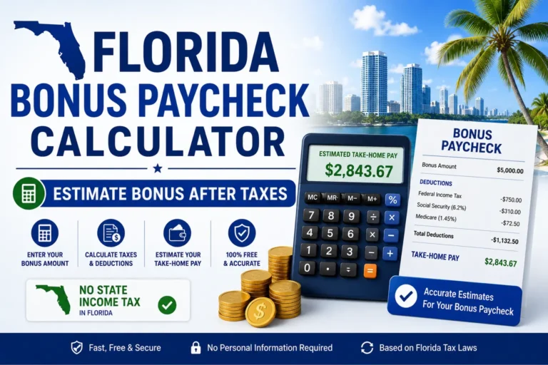 Florida Bonus Paycheck Calculator showing bonus amount, tax deductions, and estimated take-home pay after taxes in Florida.