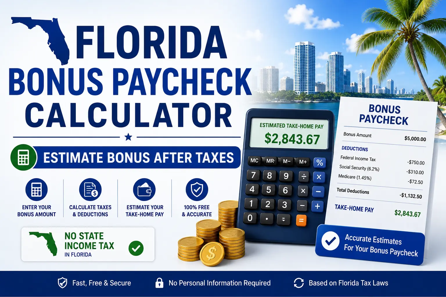 Florida Bonus Paycheck Calculator showing bonus amount, tax deductions, and estimated take-home pay after taxes in Florida.