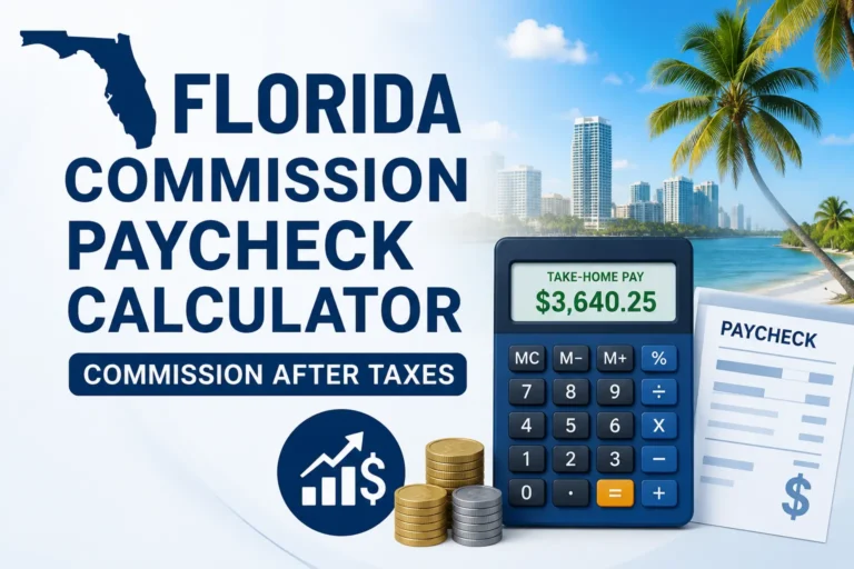 Florida Commission Paycheck Calculator showing commission earnings, tax deductions, and estimated take-home pay after taxes in Florida.