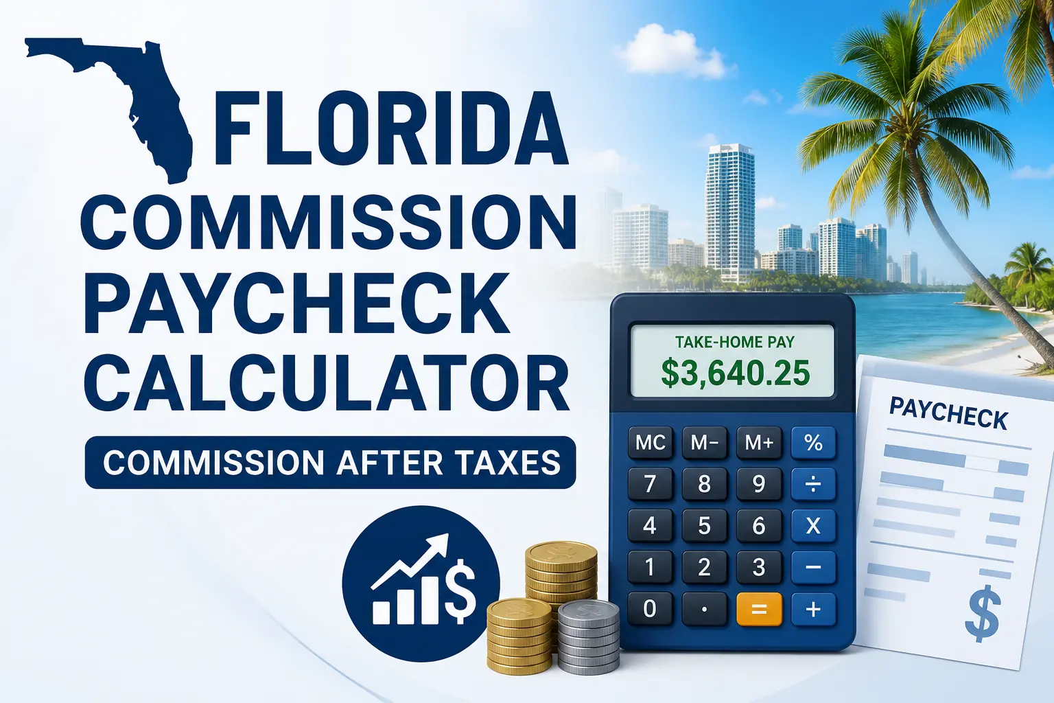 Florida Commission Paycheck Calculator showing commission earnings, tax deductions, and estimated take-home pay after taxes in Florida.